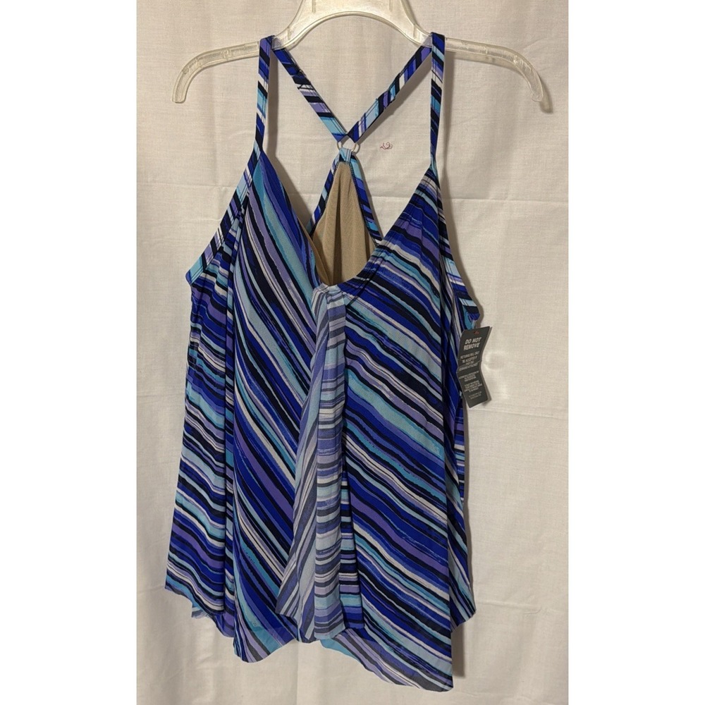 Swim 365 Wireless Tankini Top Woman Plus Sz 22 Blue's & Purple Stripe Flowy‎ Fit